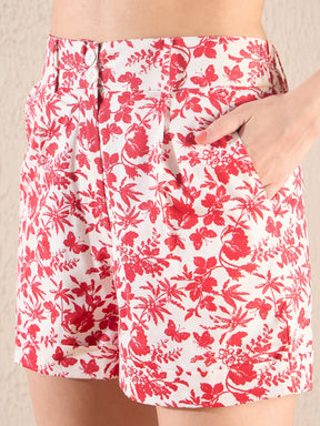 Red Floral Crop Top With Hem Fold Shorts-SASSAFRAS