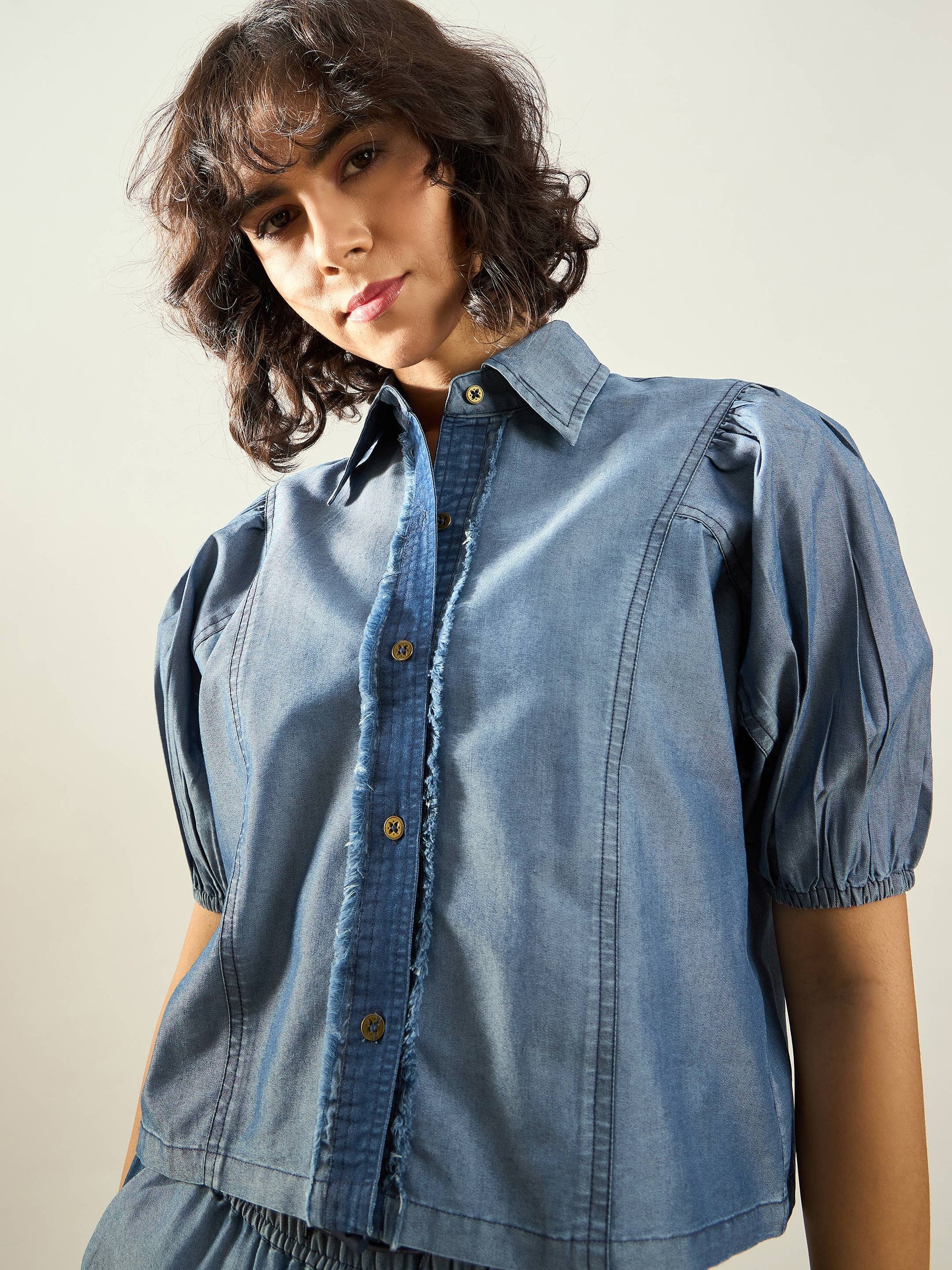 Blue Tencel ColorBlock Shirt With Straight Pants-SASSAFRAS