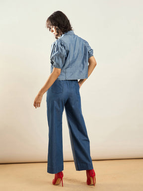 Blue Tencel ColorBlock Shirt With Straight Pants-SASSAFRAS