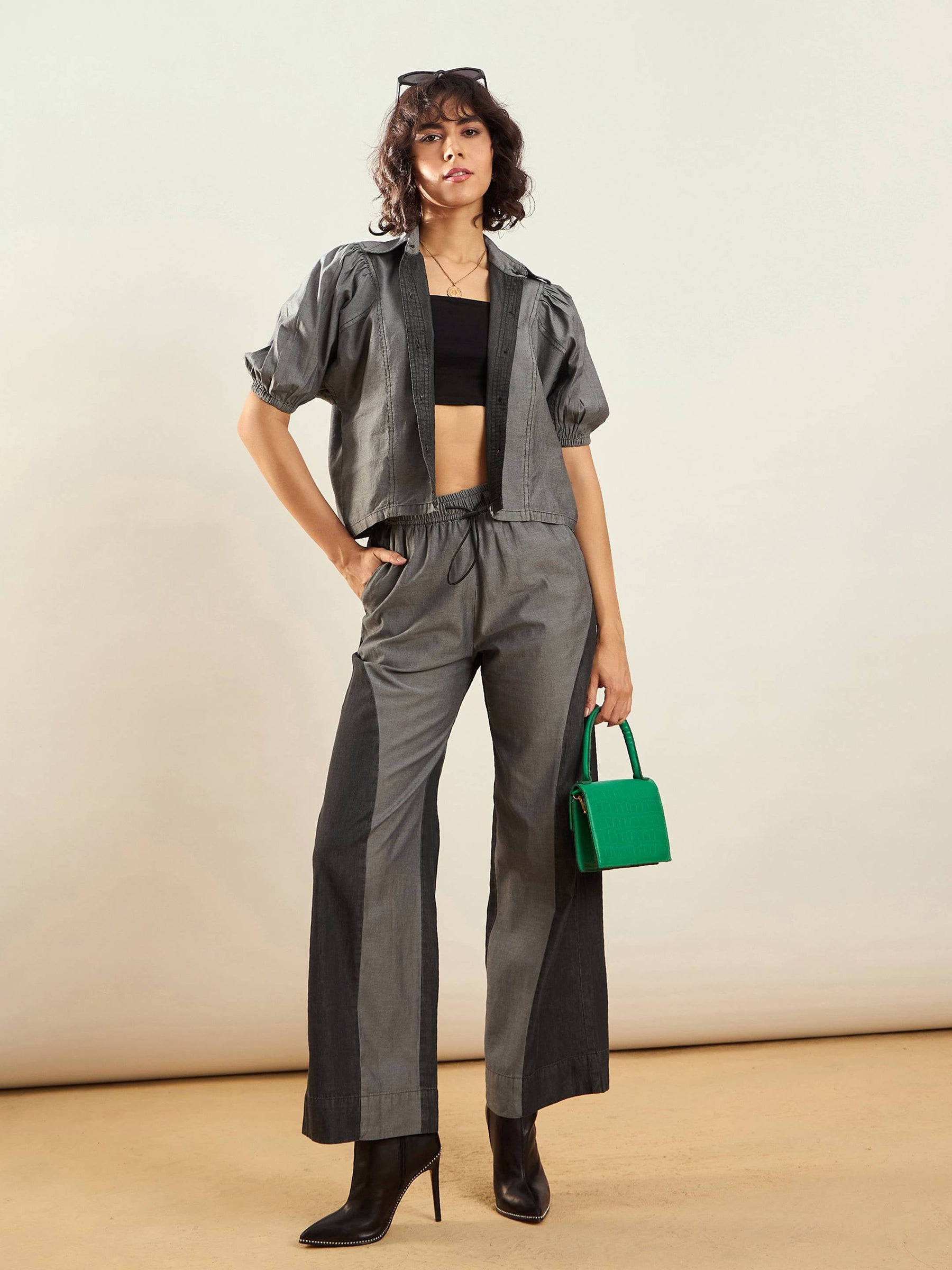 Grey Tencel ColorBlock Shirt With Straight Pants-SASSAFRAS