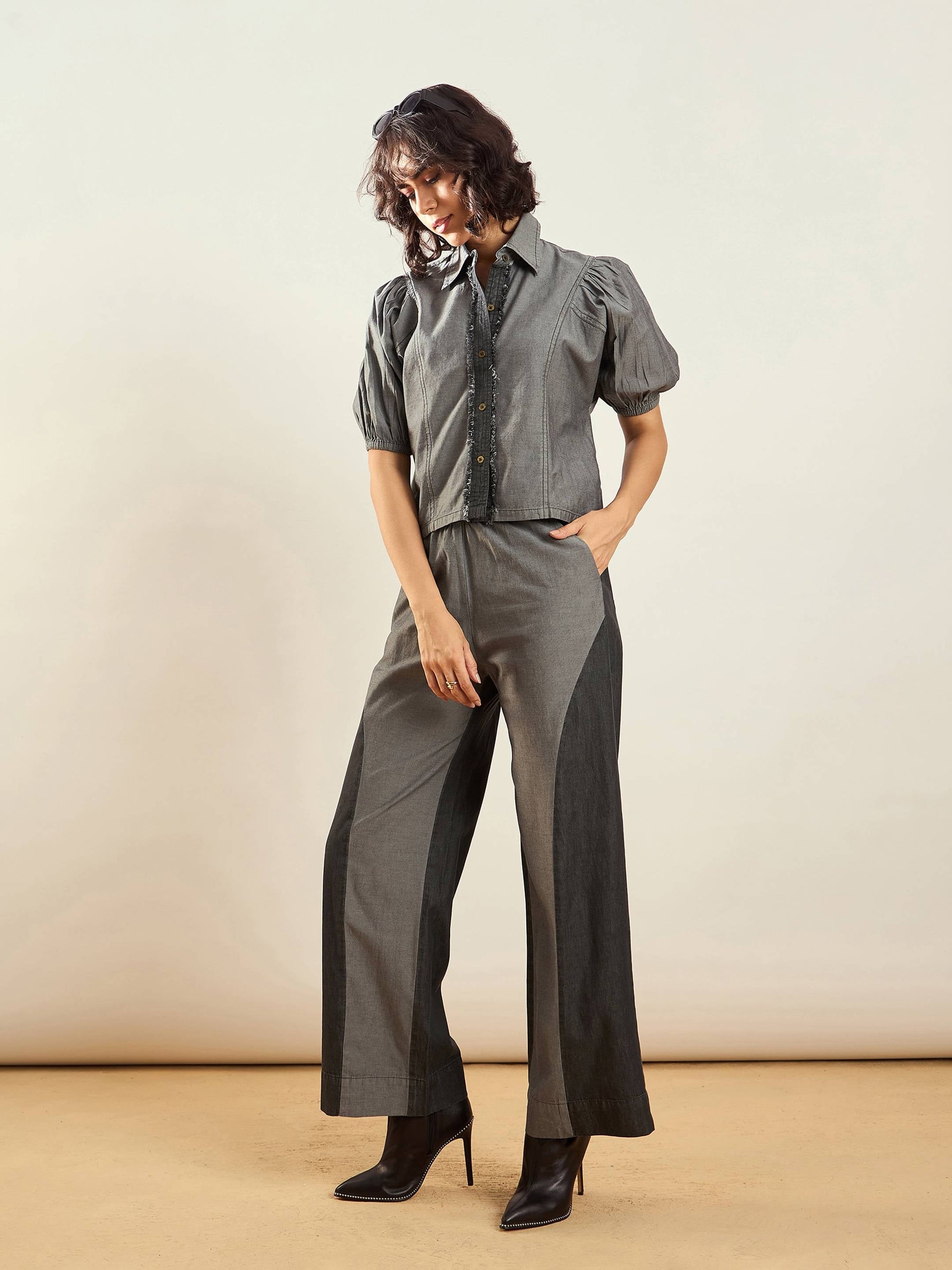 Grey Tencel ColorBlock Shirt With Straight Pants-SASSAFRAS