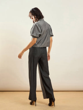 Grey Tencel ColorBlock Shirt With Straight Pants-SASSAFRAS