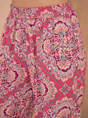 Pink Ethnic Motif High Low Shirt With Pocket Jogger Pants-Pink Paprika By SASSAFRAS