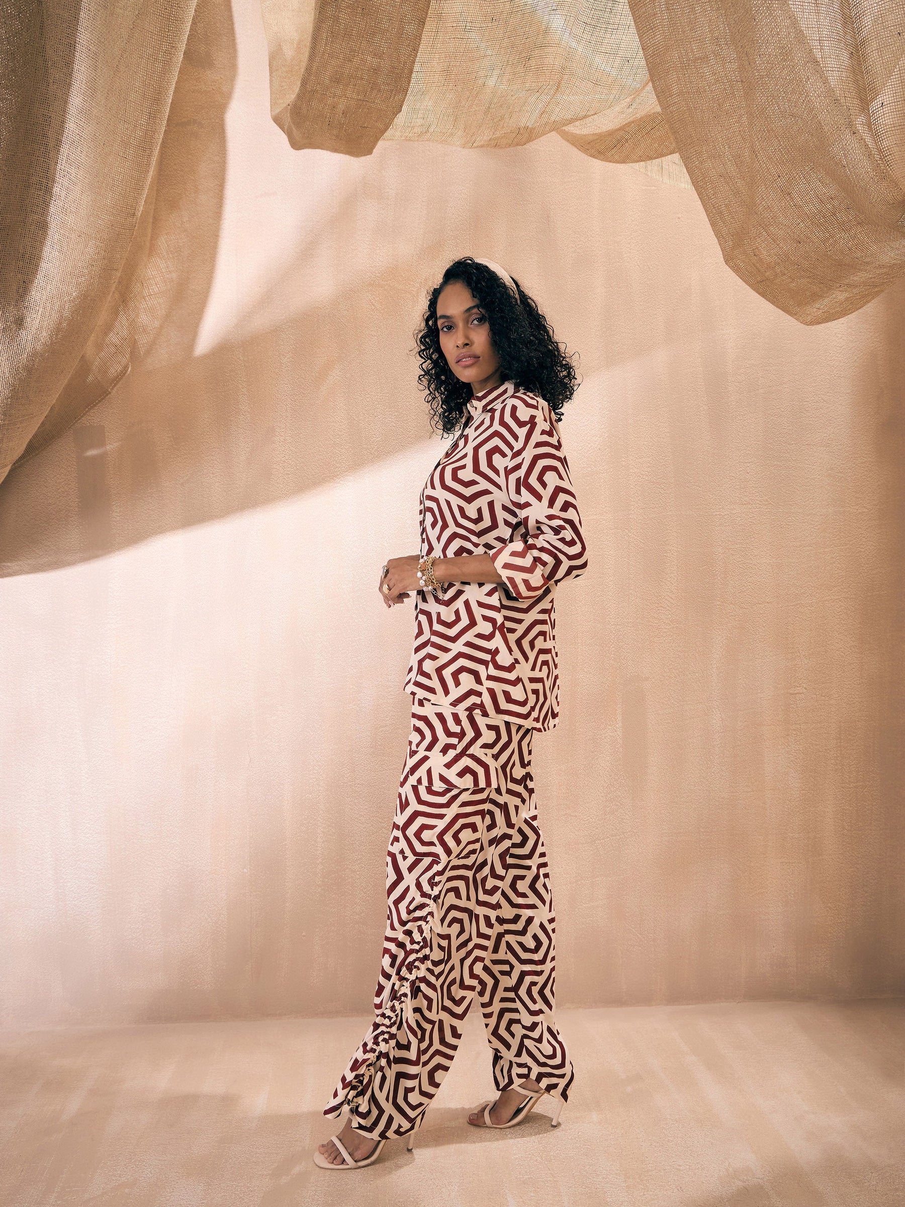 Maroon Geometric Shirt With Ruched Hem Pants-Pink Paprika By SASSAFRAS