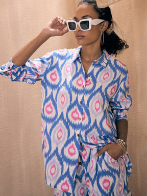 Blue & White Ikat Shirt With Side Pocket Pants-Pink Paprika By SASSAFRAS