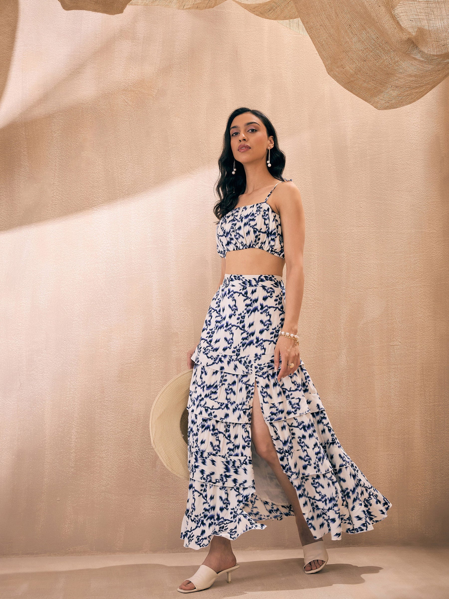 Buy Navy Ikat Print Strappy Crop Top With Slit Skirt Online At