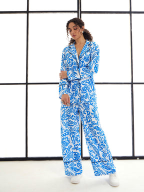 Blue Floral Lounge Shirt With Pants-SASSAFRAS alt-laze