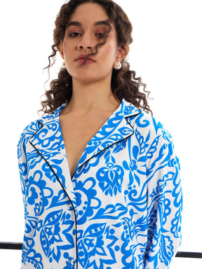 Blue Floral Lounge Shirt With Pants-SASSAFRAS alt-laze