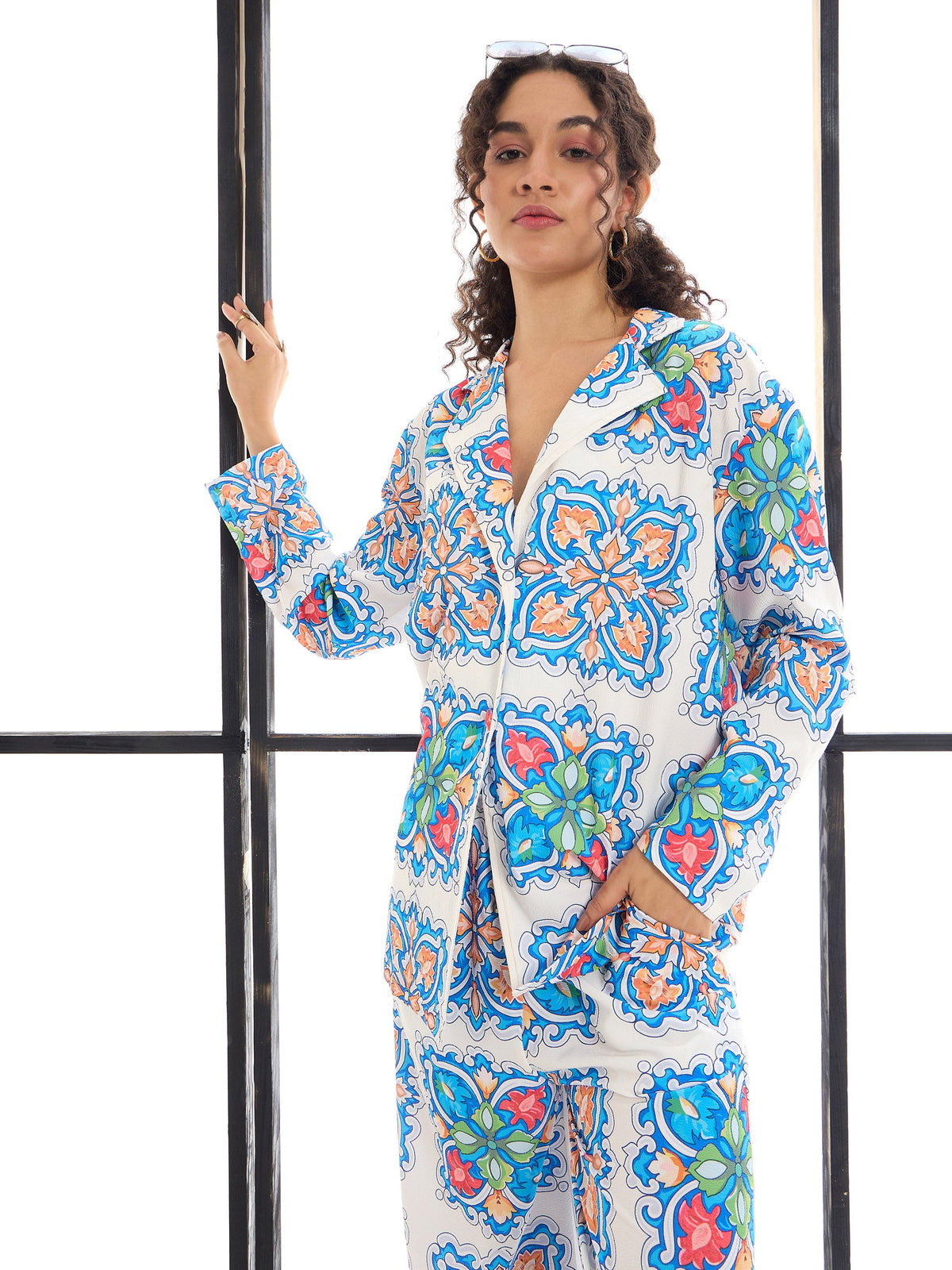 Blue & White Floral Lounge Shirt With Pants-SASSAFRAS alt-laze