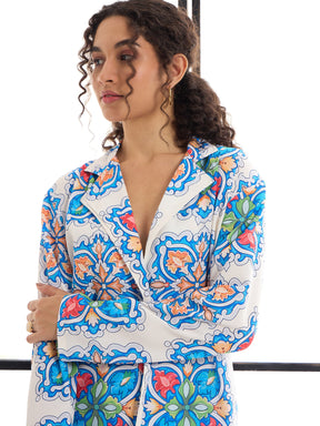 Blue & White Floral Lounge Shirt With Pants-SASSAFRAS alt-laze