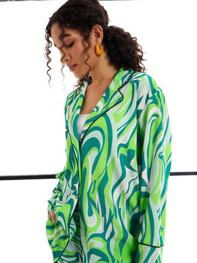 Green Abstract Print Lounge Shirt With Pants-SASSAFRAS alt-laze