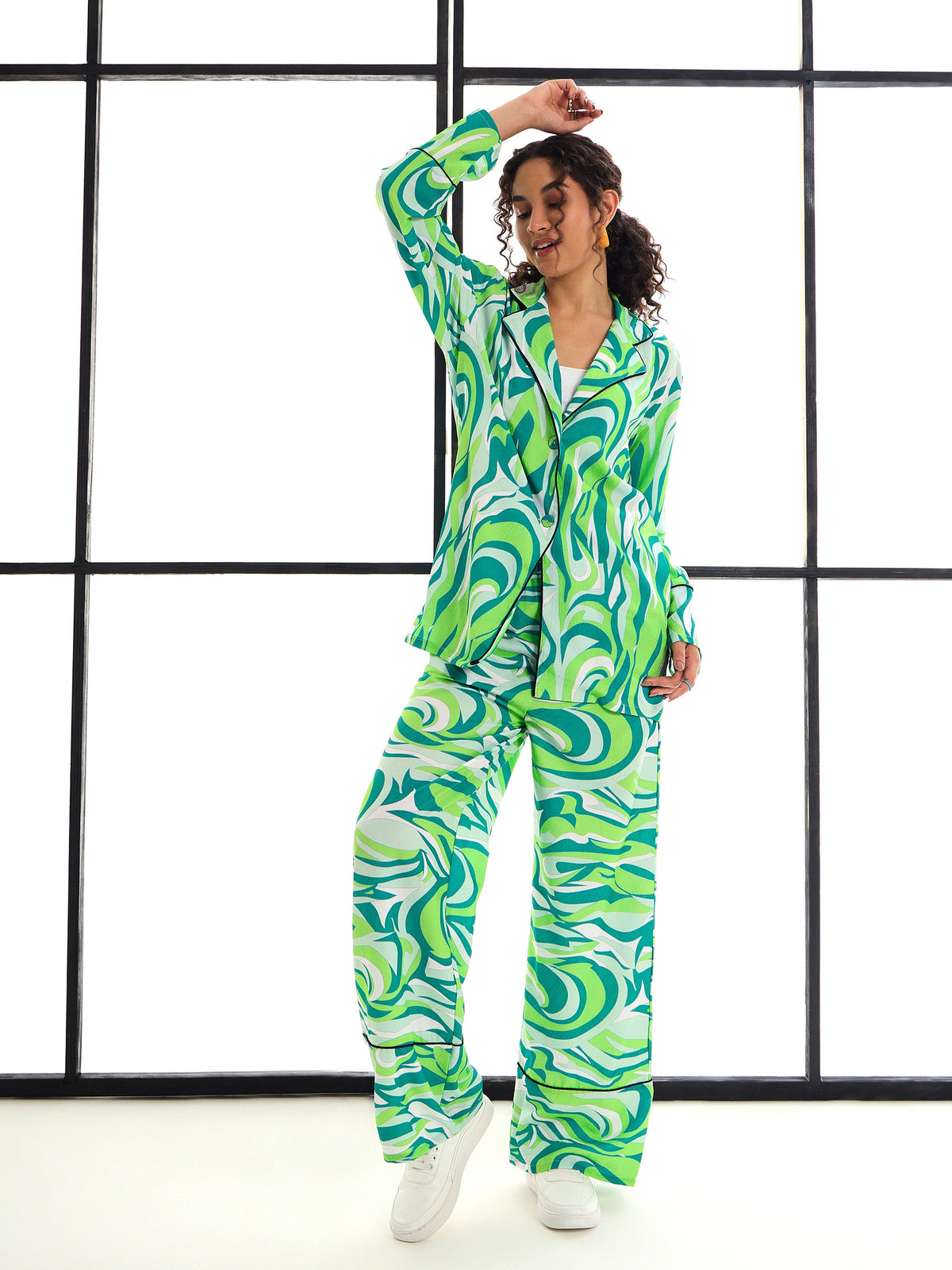 Green Abstract Print Lounge Shirt With Pants-SASSAFRAS alt-laze