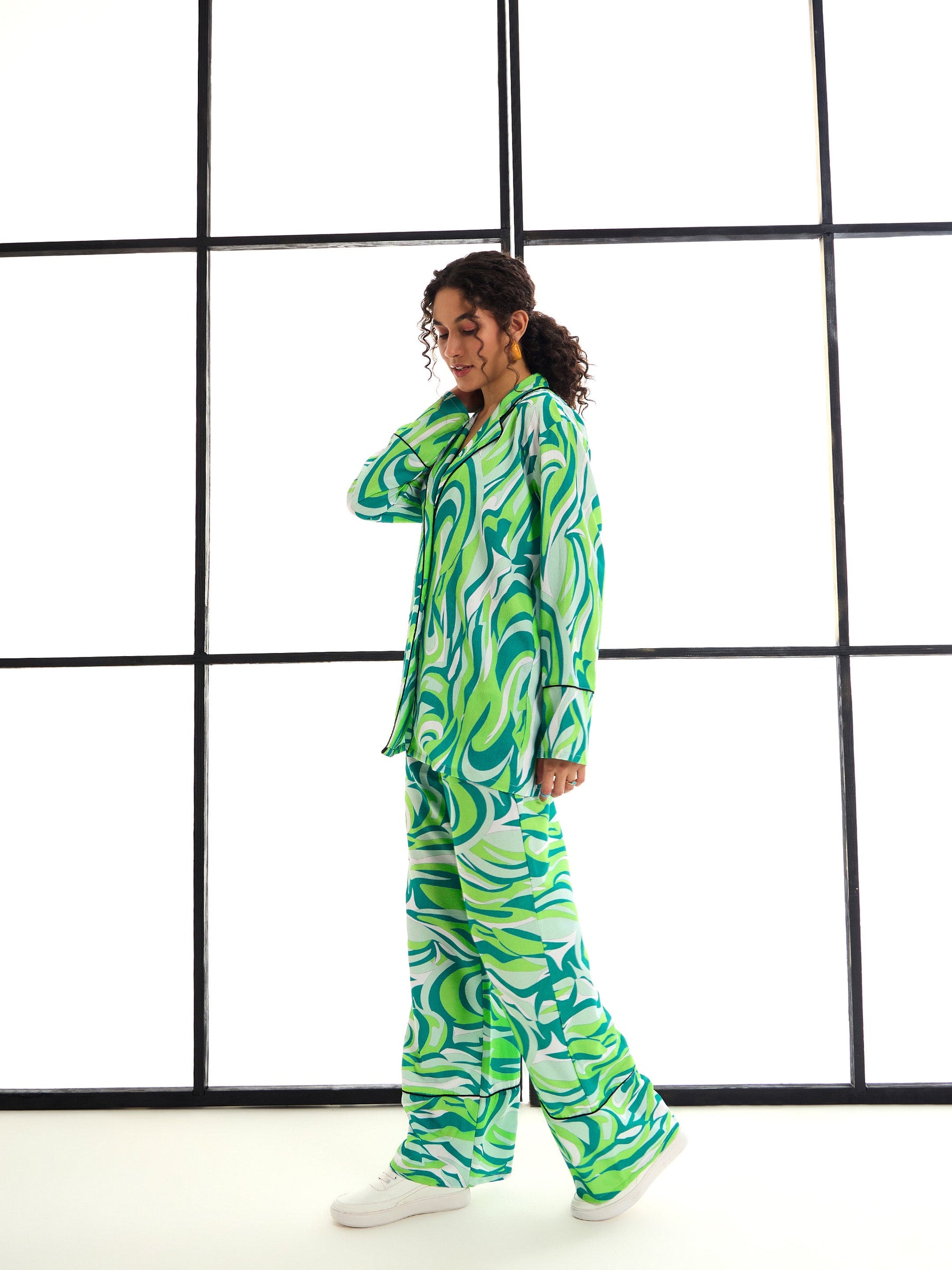 Green Abstract Print Lounge Shirt With Pants-SASSAFRAS alt-laze