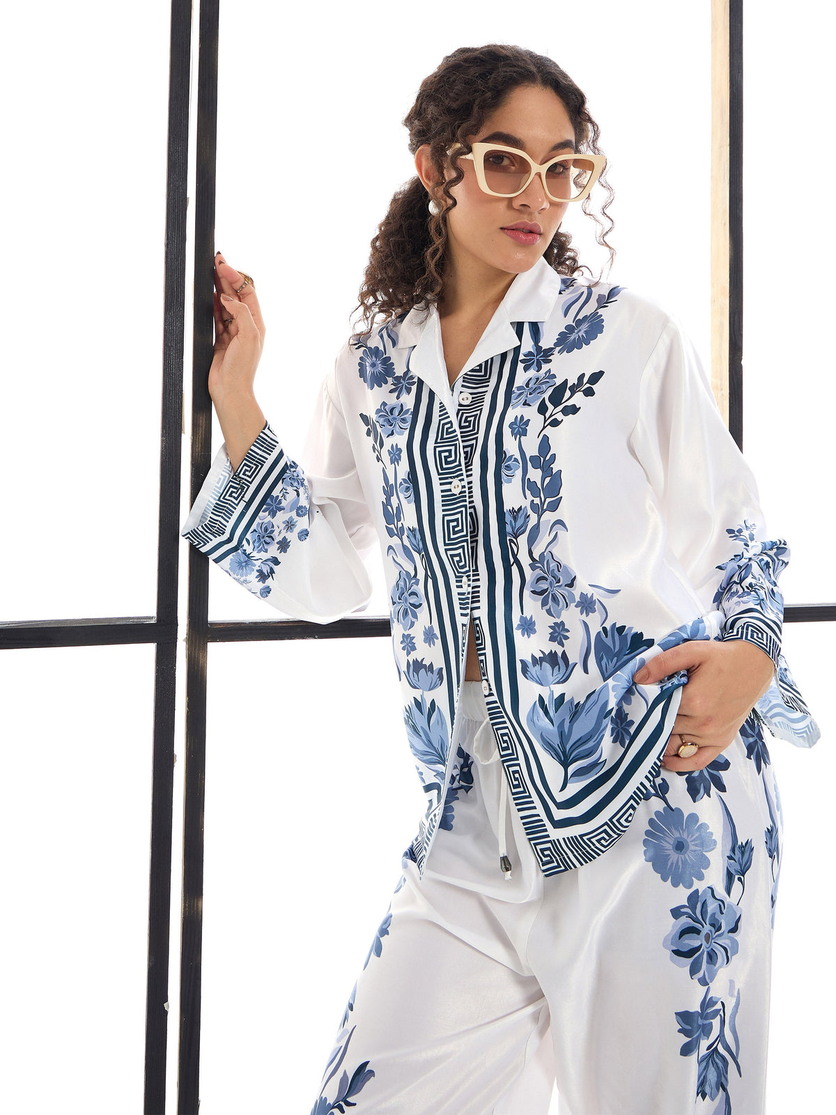 White & Blue Floral Lounge Shirt With Pants-SASSAFRAS alt-laze