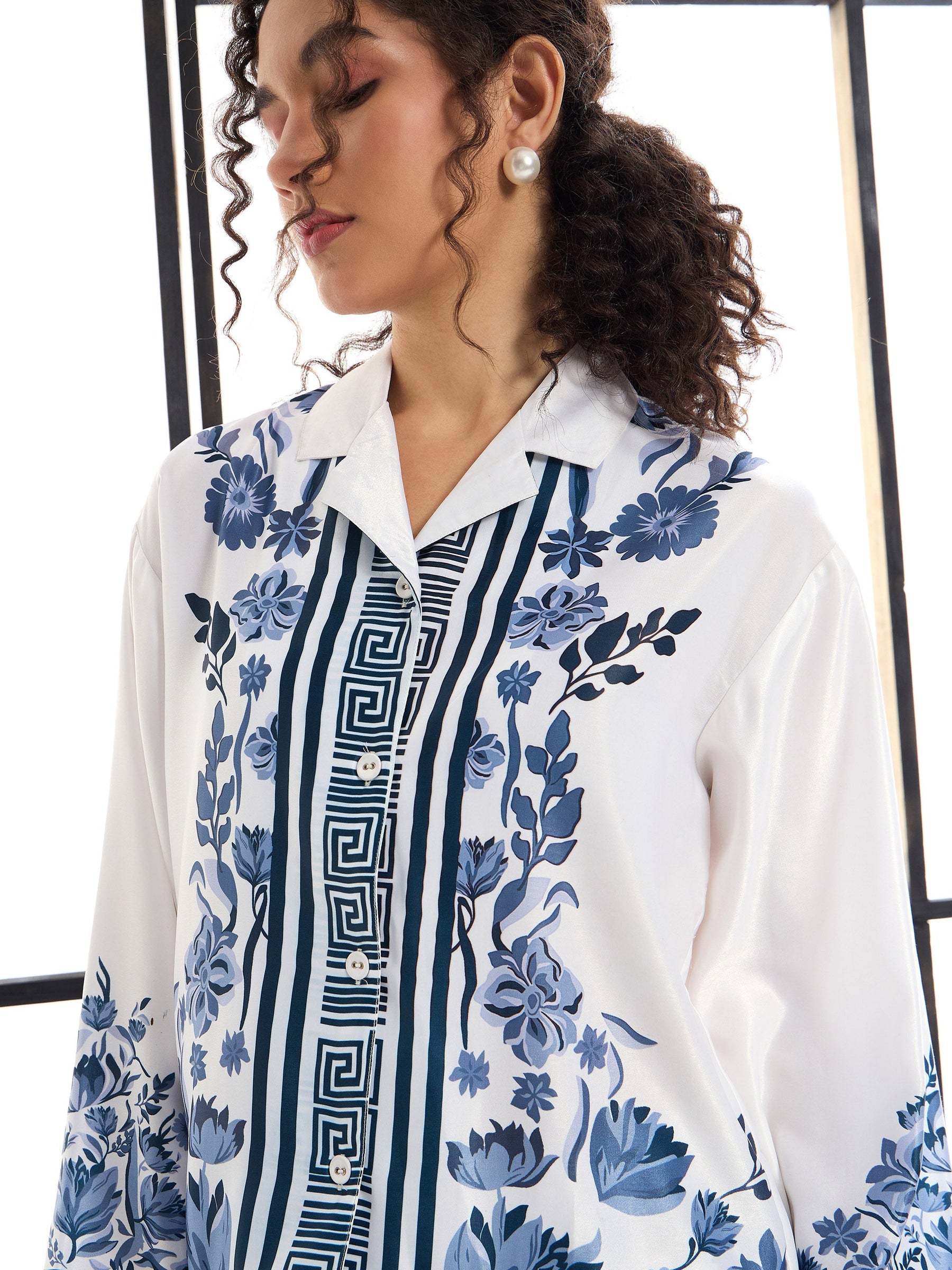 White & Blue Floral Lounge Shirt With Pants-SASSAFRAS alt-laze