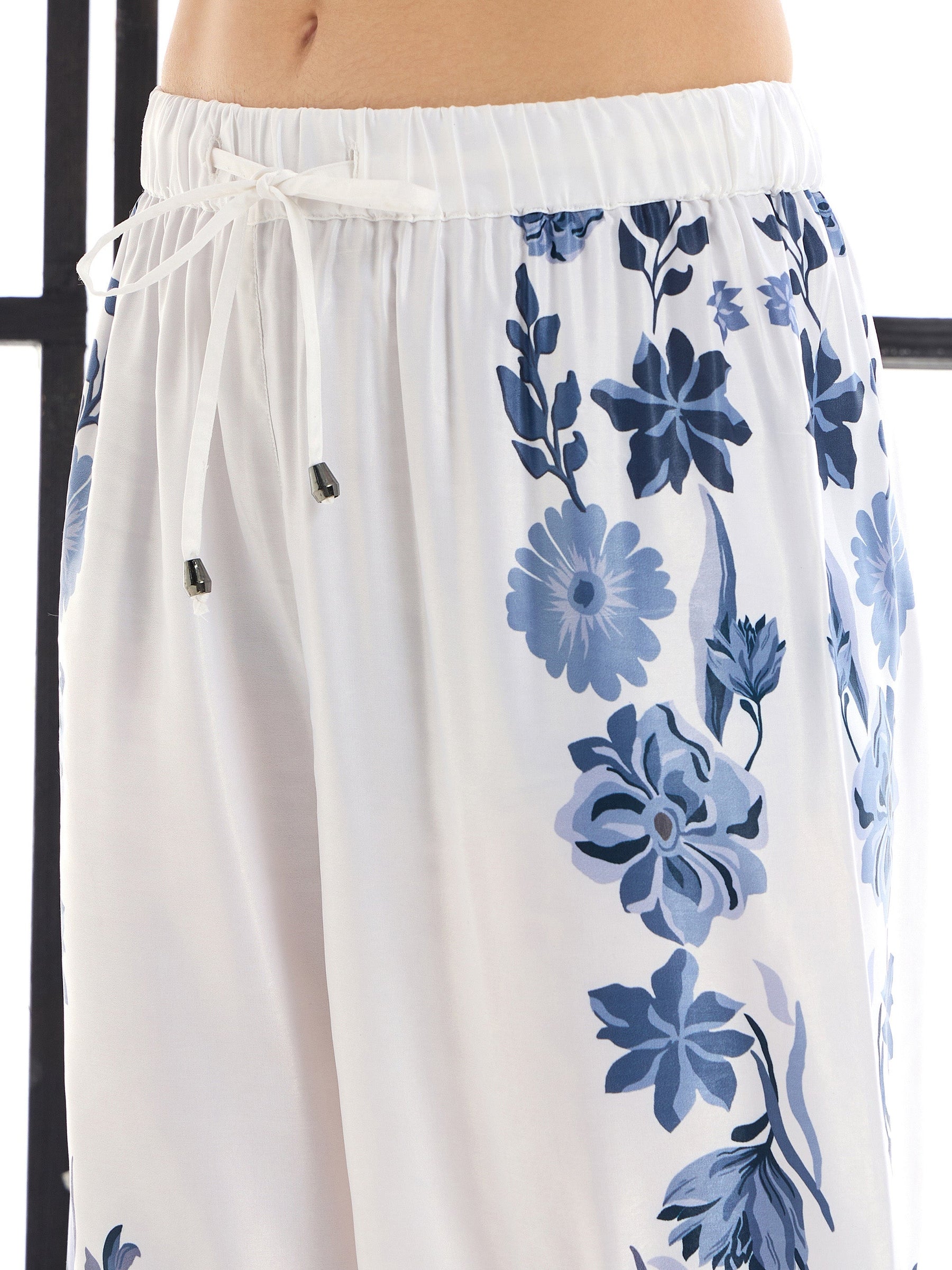 White & Blue Floral Lounge Shirt With Pants-SASSAFRAS alt-laze