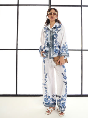 White & Blue Floral Lounge Shirt With Pants-SASSAFRAS alt-laze