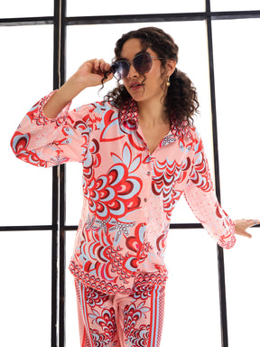 Pink & Red Floraled Lounge Shirt With Pants-SASSAFRAS alt-laze