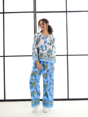 White & Blue Floral Top With Pants-SASSAFRAS alt-laze