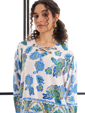 White & Blue Floral Top With Pants-SASSAFRAS alt-laze