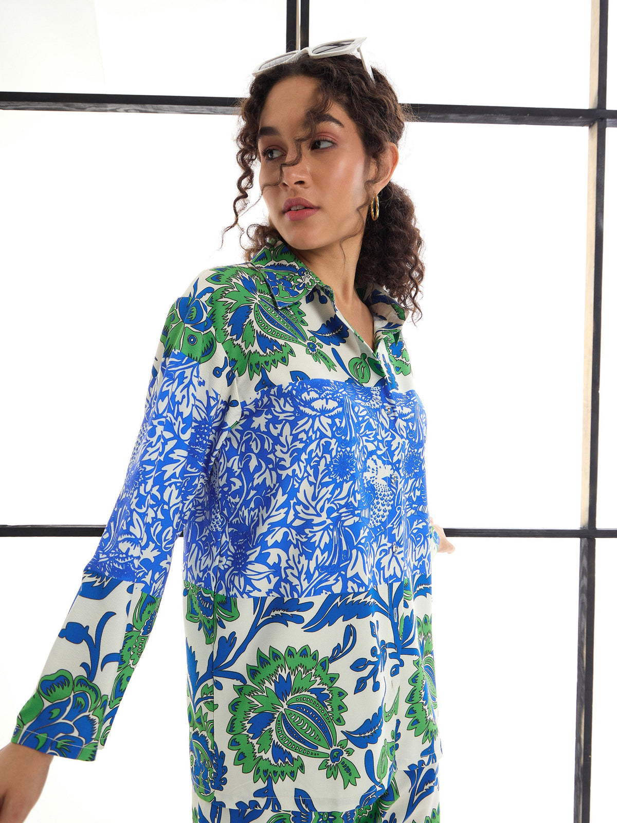 Green & Blue Floral Lounge Shirt With Pants-SASSAFRAS alt-laze