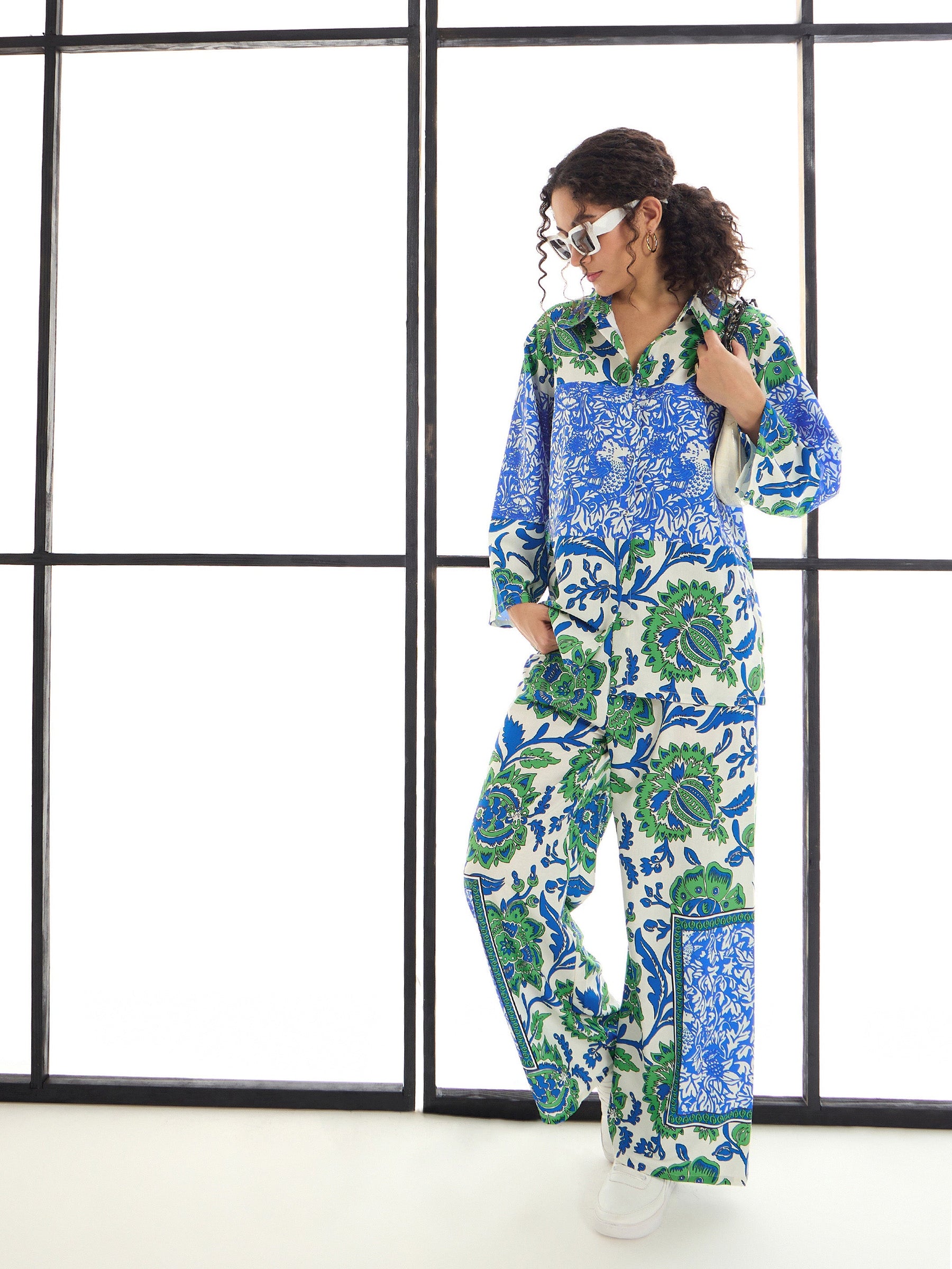 Green & Blue Floral Lounge Shirt With Pants-SASSAFRAS alt-laze