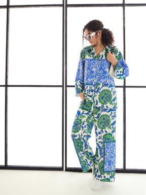 Green & Blue Floral Lounge Shirt With Pants-SASSAFRAS alt-laze