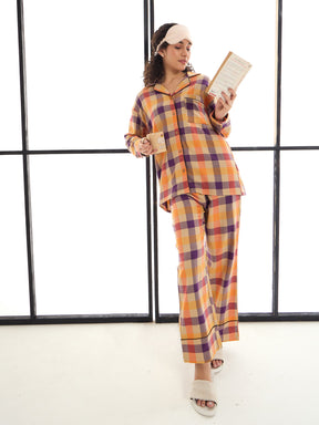 Beige & Orange Check Shirt With Lounge Pants-SASSAFRAS alt-laze