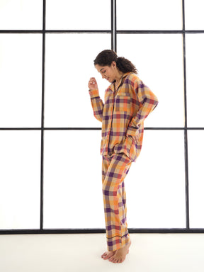 Beige & Orange Check Shirt With Lounge Pants-SASSAFRAS alt-laze