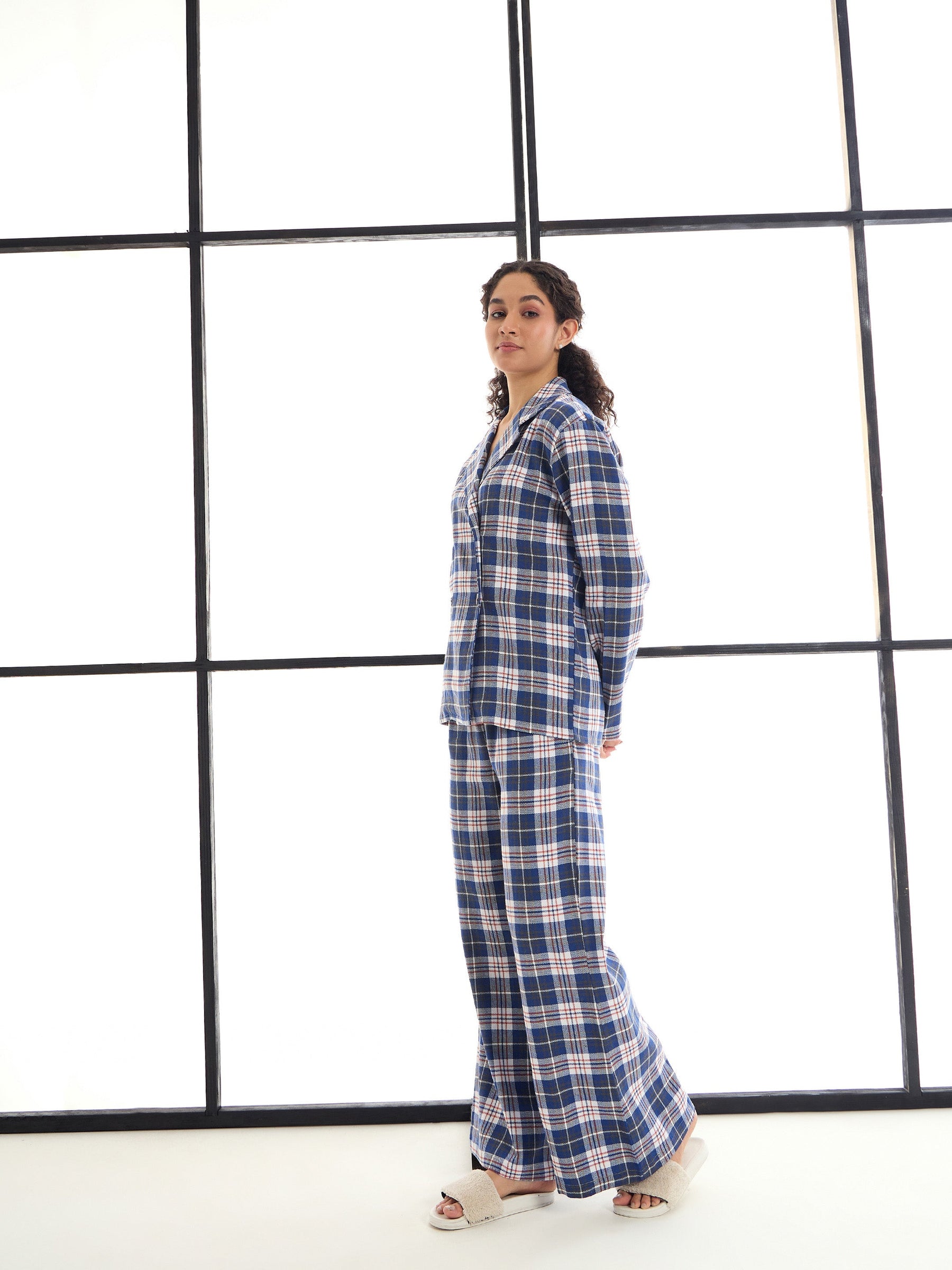 Navy & White Check Lounge Shirt With Pants-SASSAFRAS alt-laze