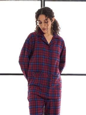 Maroon & Blue Check Lounge Shirt With Pants-SASSAFRAS alt-laze