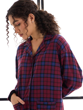 Maroon & Blue Check Lounge Shirt With Pants-SASSAFRAS alt-laze