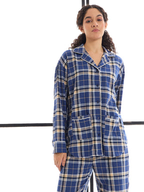 Blue & Beige Check Lounge Shirt With Pants-SASSAFRAS alt-laze