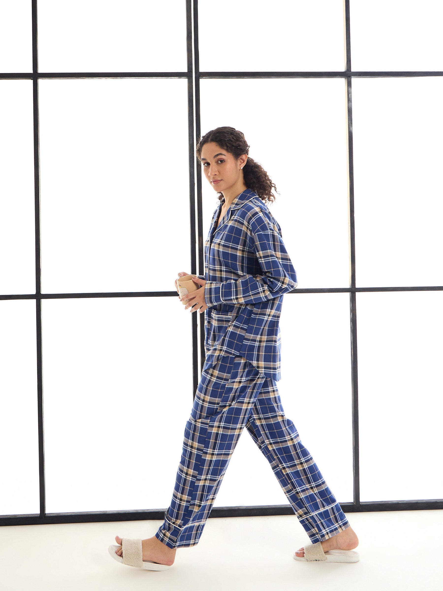 Blue & Beige Check Lounge Shirt With Pants-SASSAFRAS alt-laze