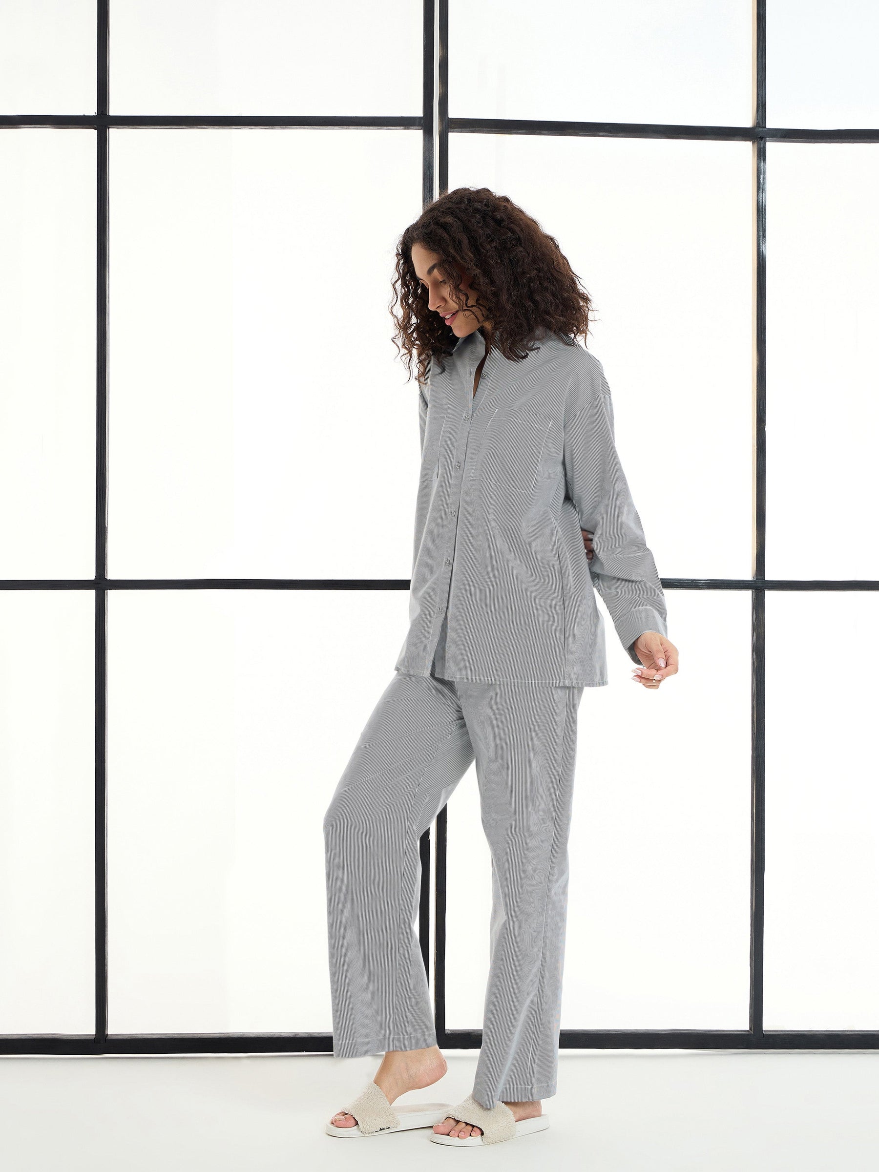 Black & White Stripes Lounge Shirt With Pants-SASSAFRAS alt-laze