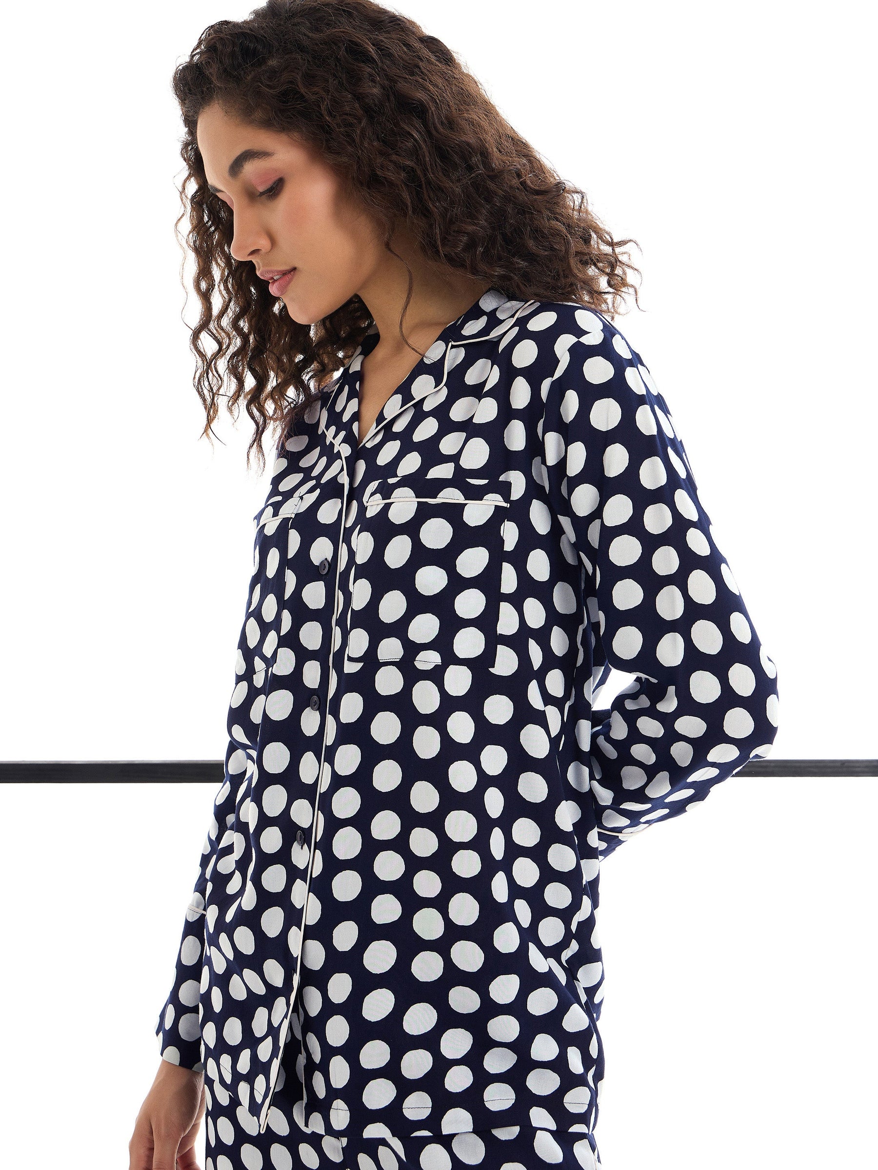 Blue & White Polka Dot Lounge Shirt With Pants-SASSAFRAS alt-laze