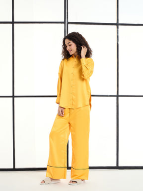 Mustard Satin Lounge Shirt With Pants-SASSAFRAS alt-laze