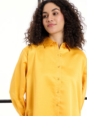 Mustard Satin Lounge Shirt With Pants-SASSAFRAS alt-laze