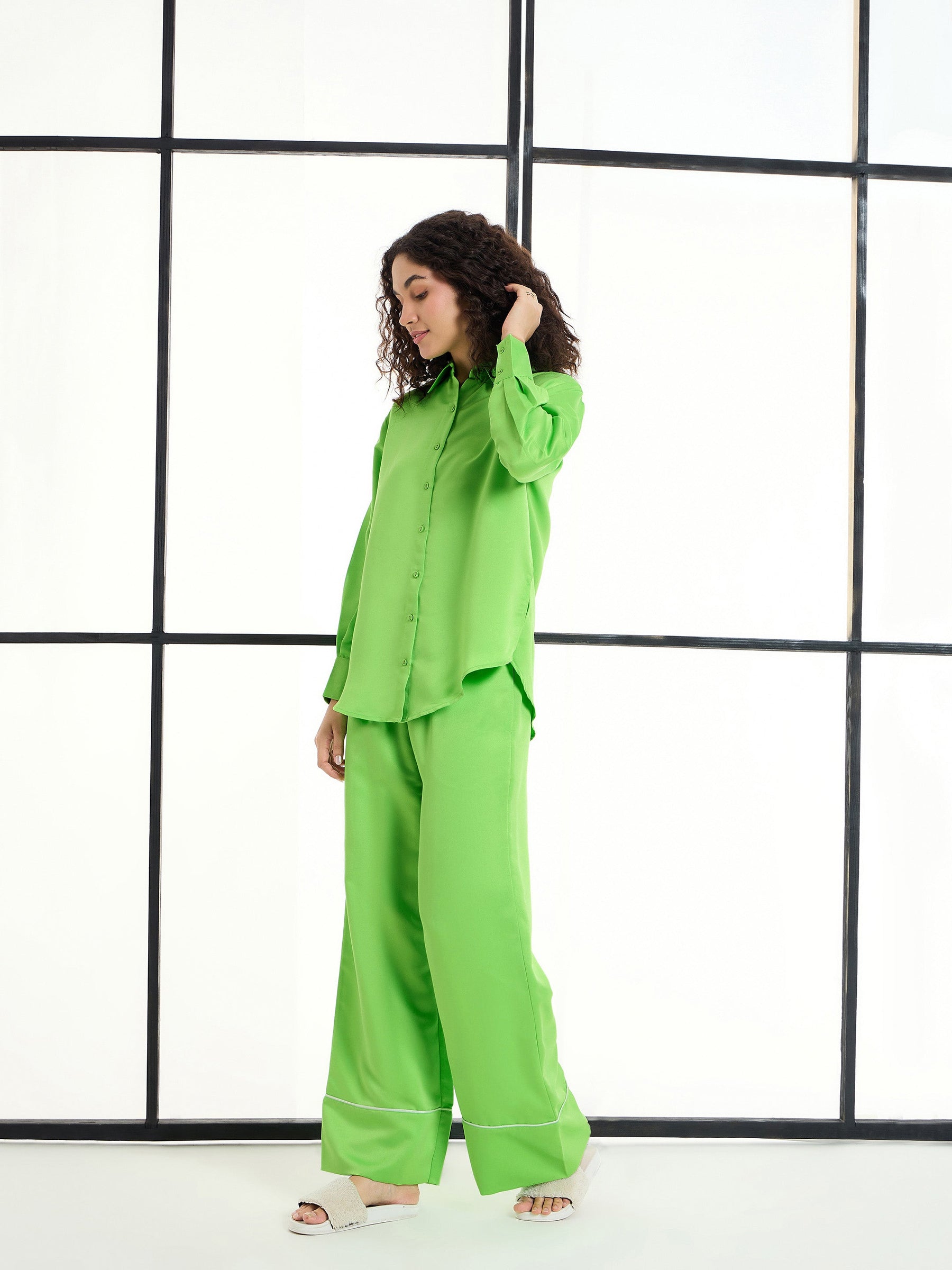 Green Satin Lounge Shirt With Pants-SASSAFRAS alt-laze