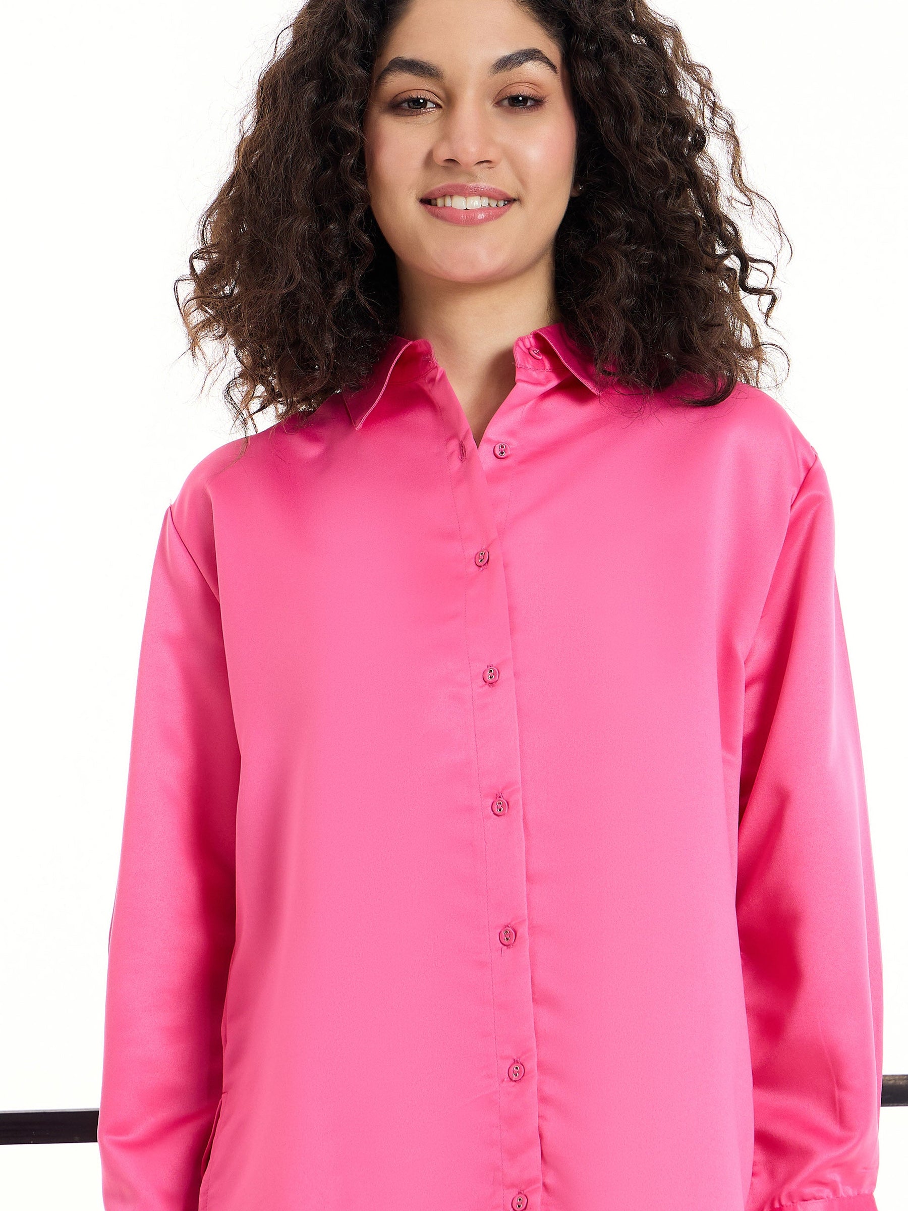 Fuchsia Satin Lounge Shirt With Pants-SASSAFRAS alt-laze