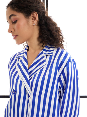 Blue & White Satin Lounge Shirt With Pants-SASSAFRAS alt-laze