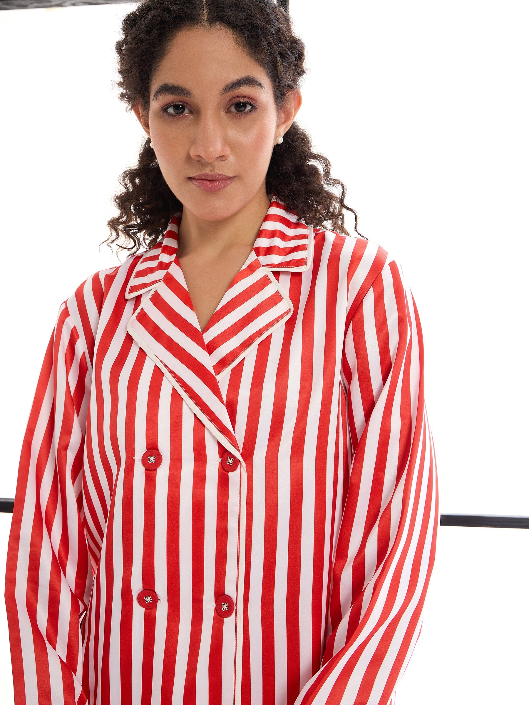 Red & White Satin Lounge Shirt With Pants-SASSAFRAS alt-laze