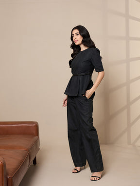 Black Tencel Peplum Top With Straight Pants-SASSAFRAS worklyf