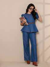 Blue Tencel Peplum Top With Straight Pants-SASSAFRAS worklyf