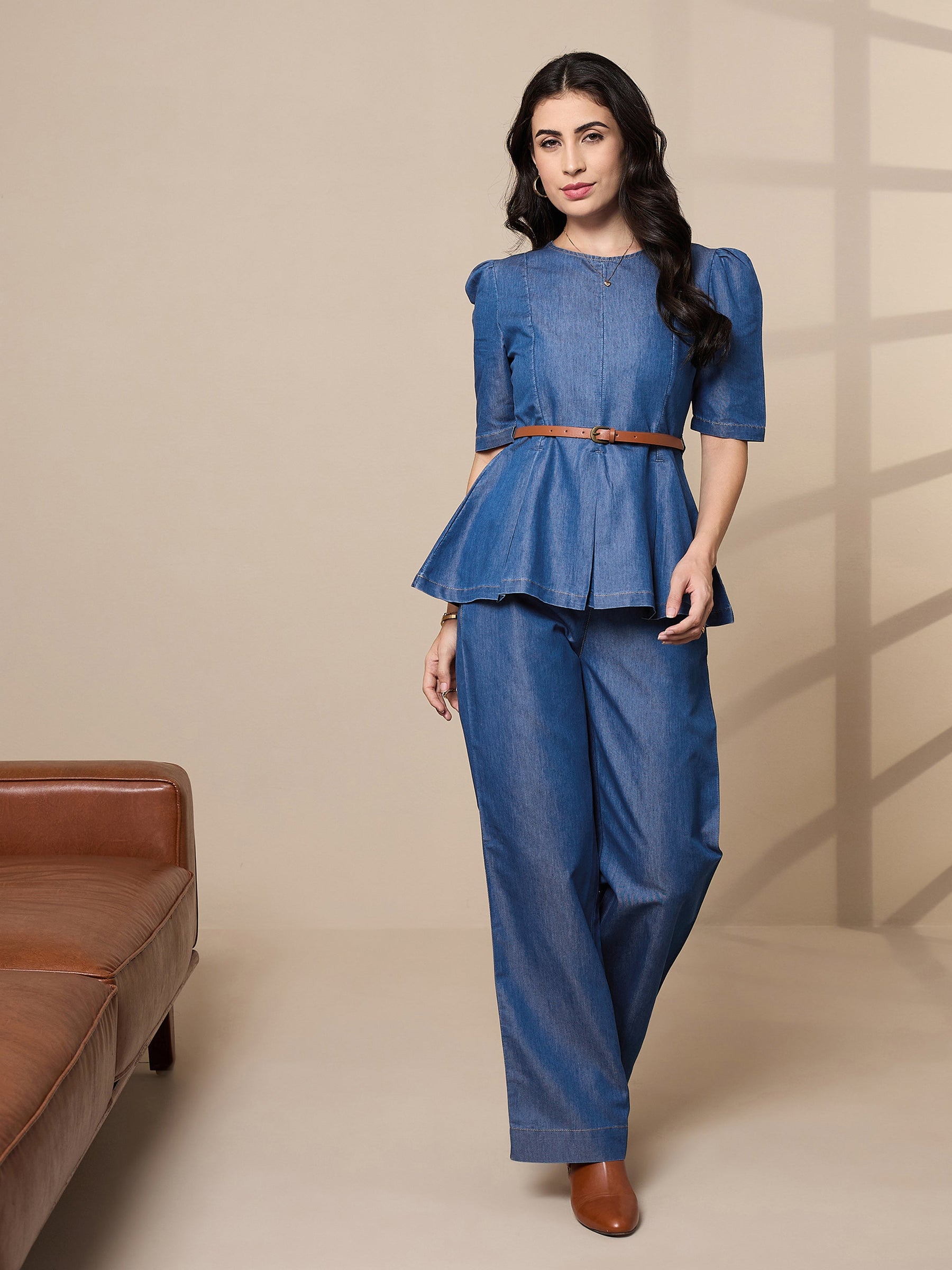 Blue Tencel Peplum Top With Straight Pants-SASSAFRAS worklyf