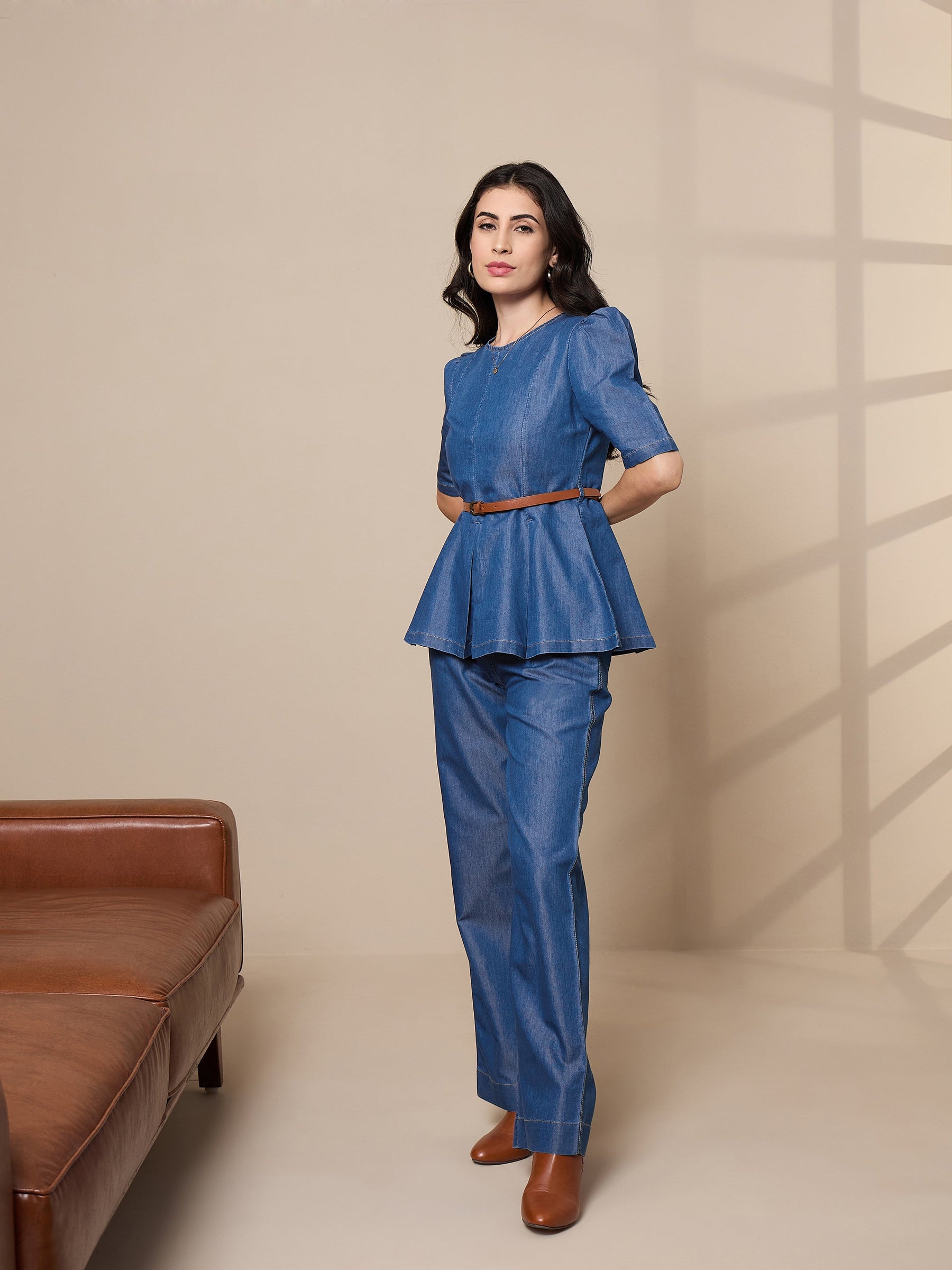 Blue Tencel Peplum Top With Straight Pants-SASSAFRAS worklyf