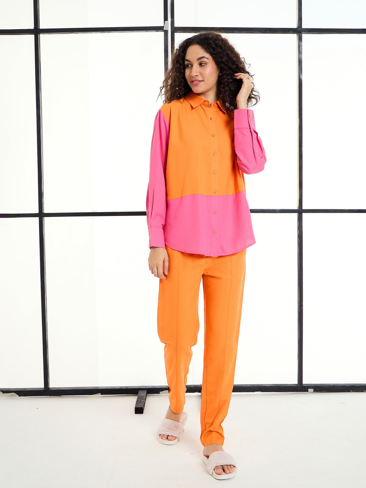 Orange & Pink ColorBlock Shirt With Pants -SASSAFRAS alt-laze