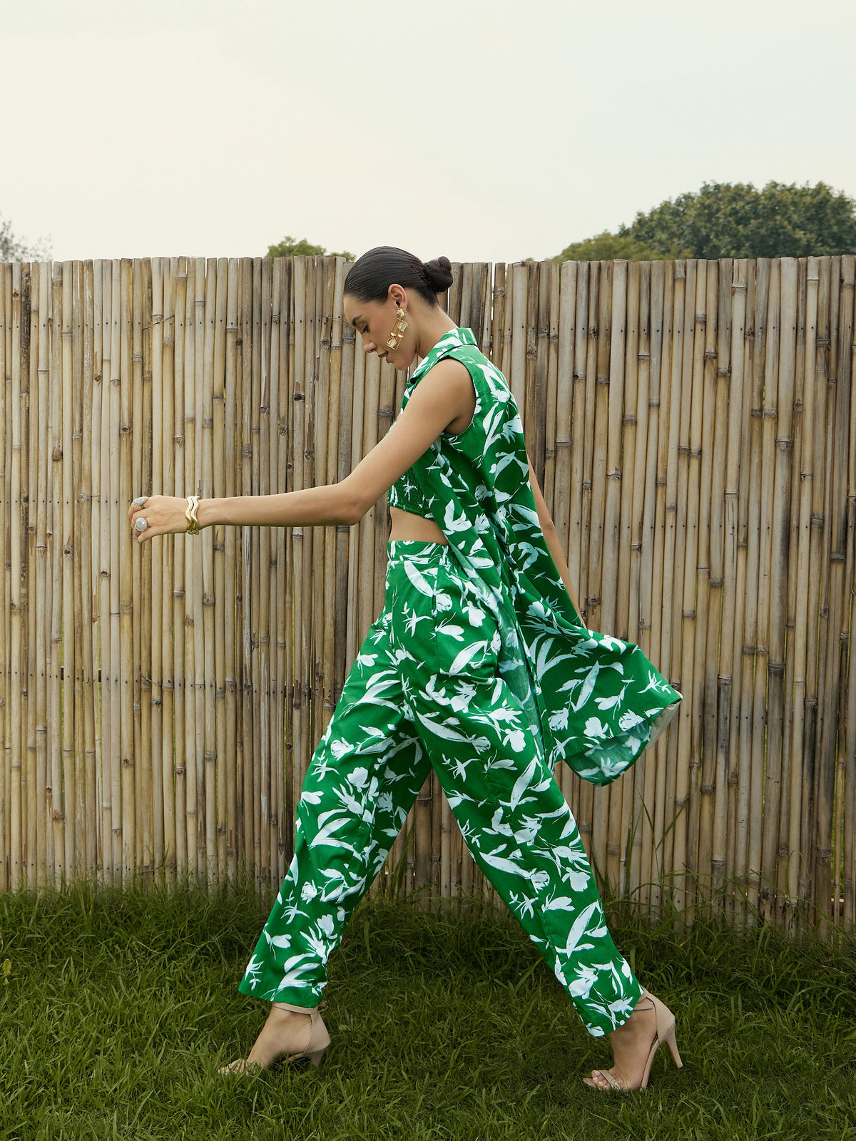 Green & White Floral Bustier, Pant & Shrug-Pink Paprika By SASSAFRAS