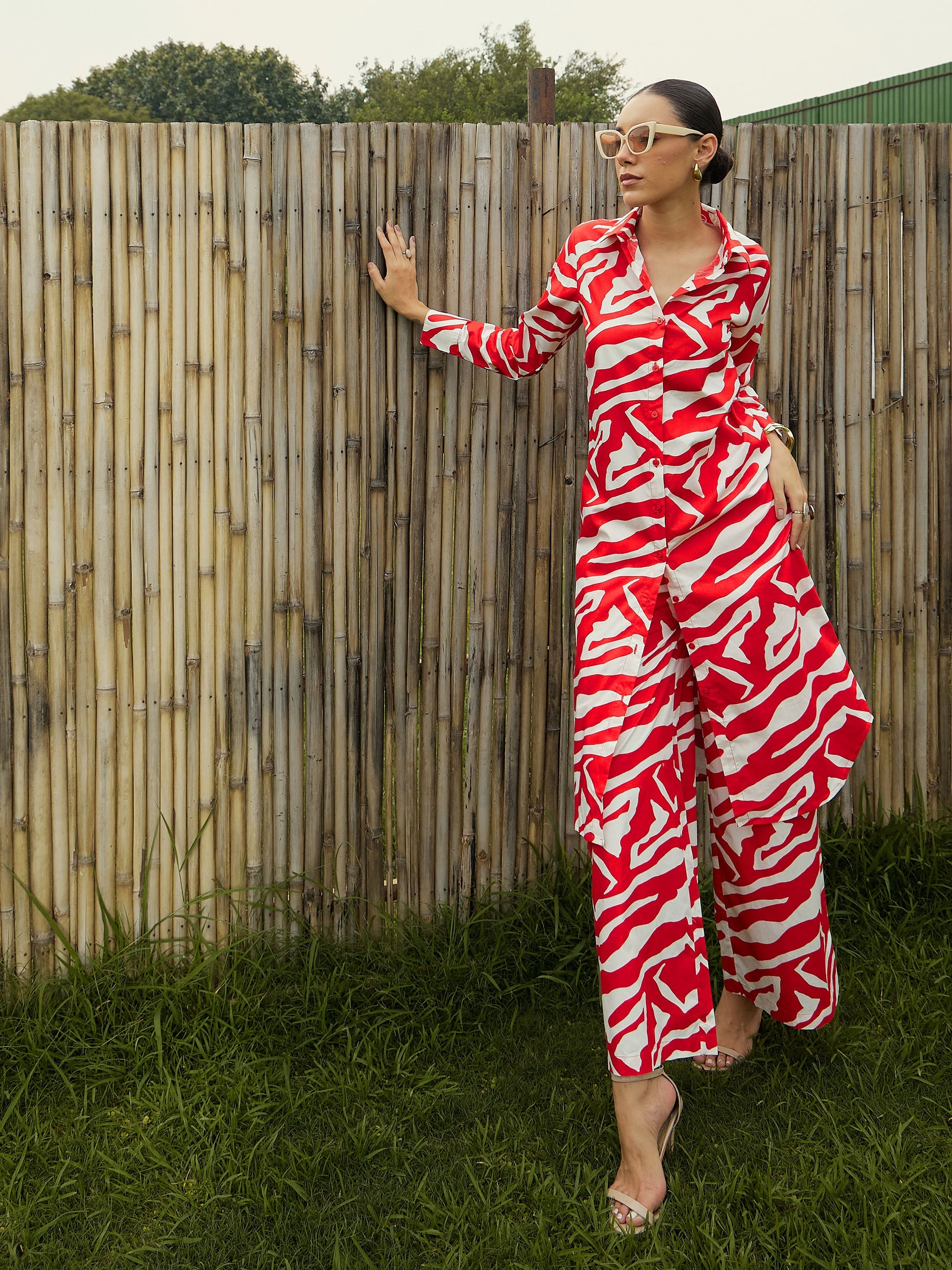 Red & White Printed Long Straight Shirt With Pants-Pink Paprika By SASSAFRAS