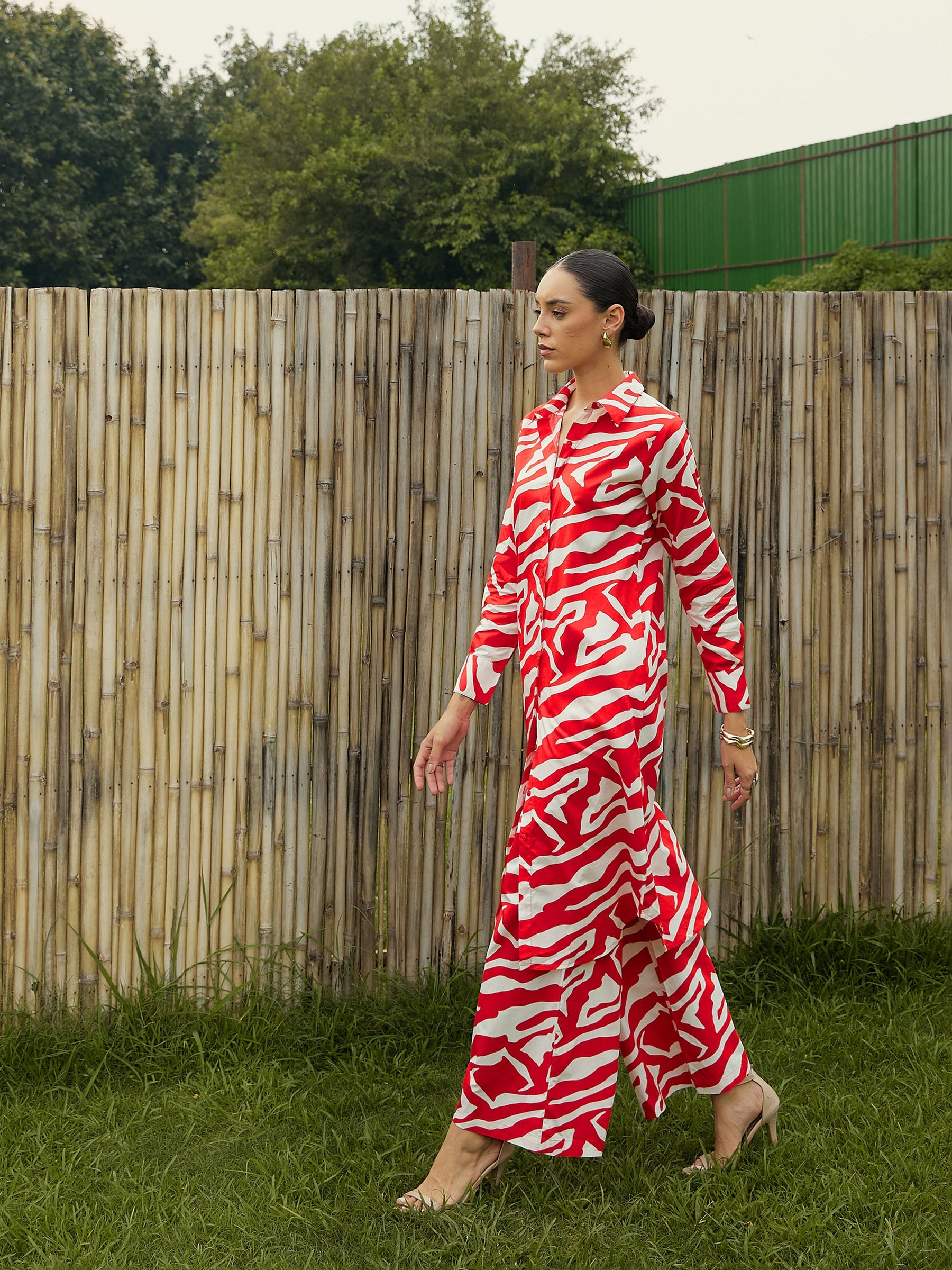 Red & White Printed Long Straight Shirt With Pants-Pink Paprika By SASSAFRAS